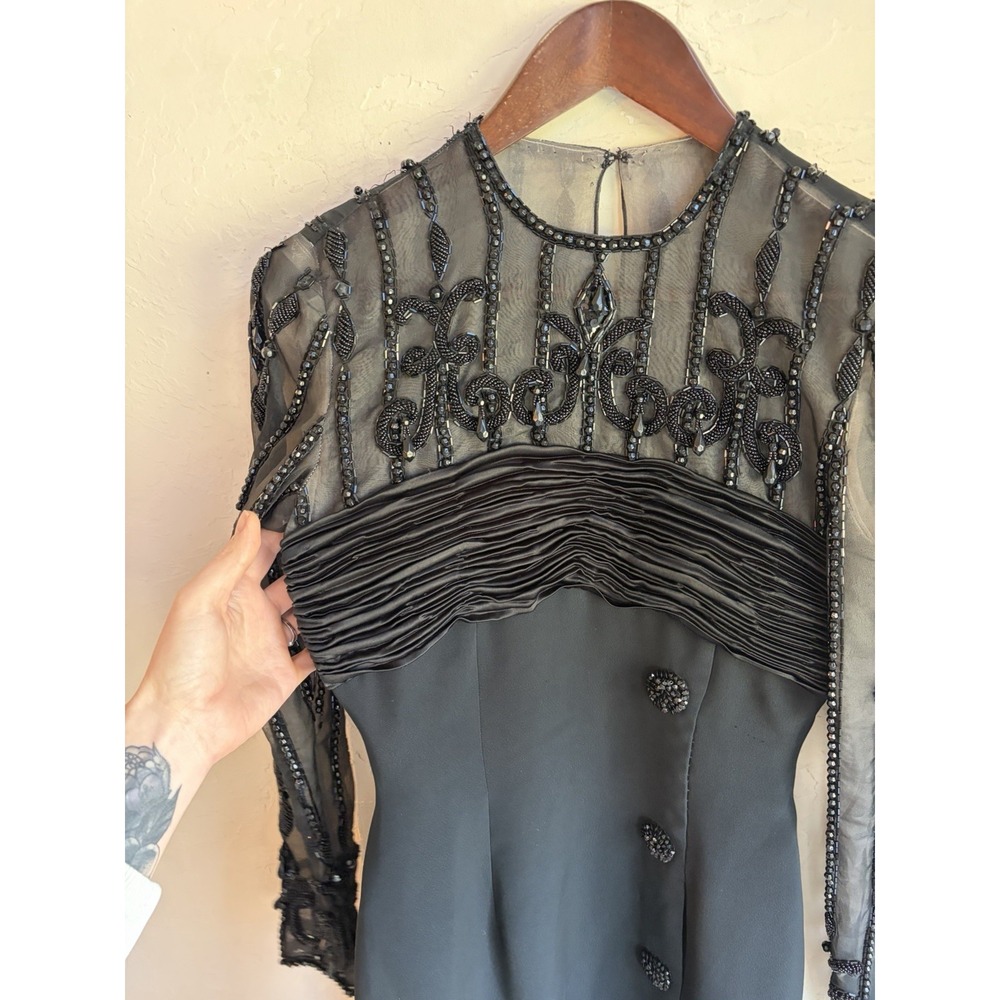 Vintage 80s Victoria Royal Black Beaded Dress 4 Dark Romantic Hong Kong Couture - Picture 10 of 15